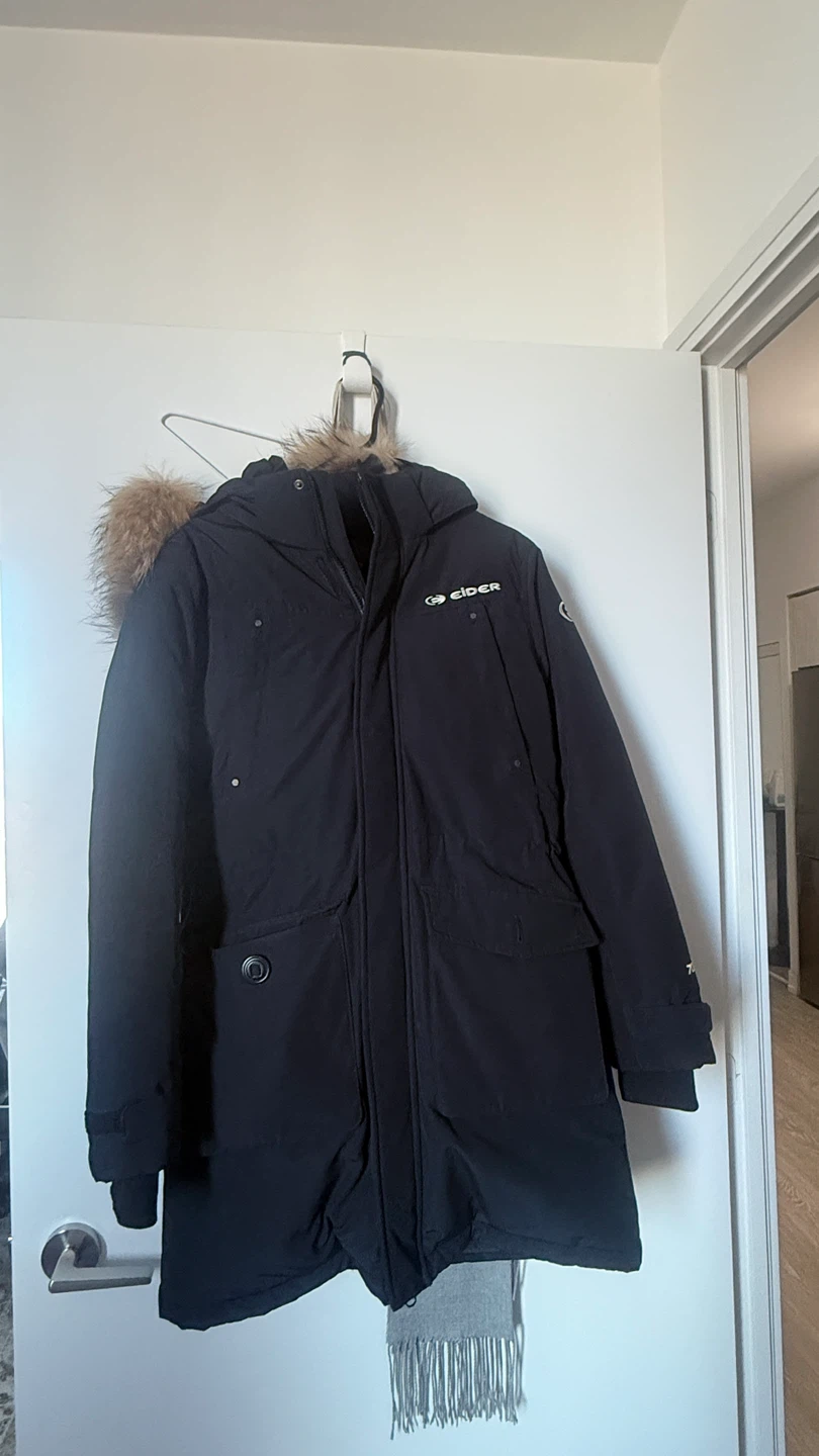 L size Eider Black Parka Jacket with Fur Hood