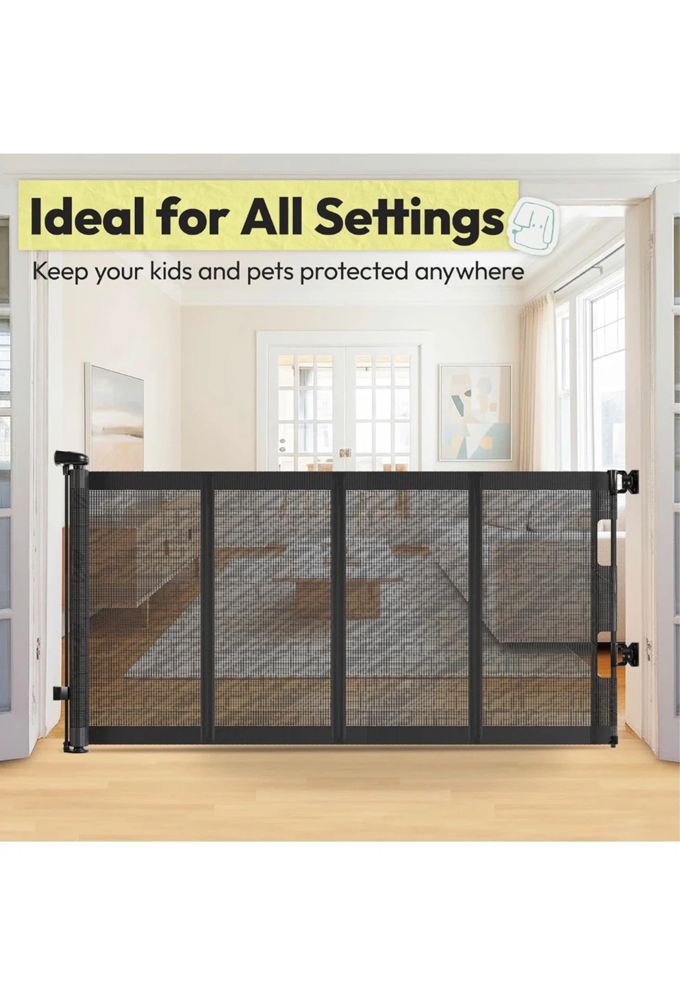 Retractable Dog Gate 35” H Extends to 197” – Mesh Pet Gate (New)