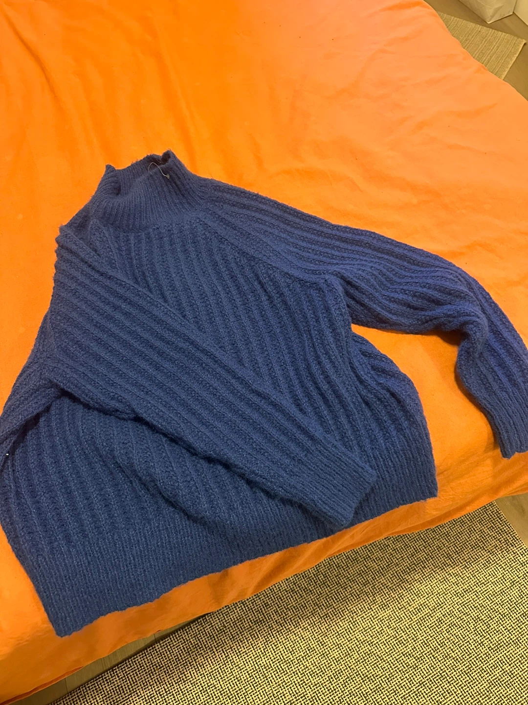 Blue Ribbed Mock Neck Sweater