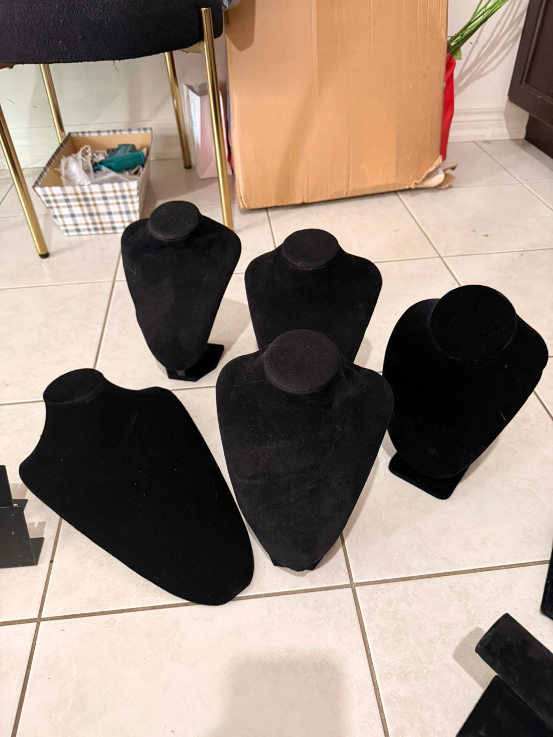 Set of 5 Black Velvet Necklace Bust Display Stands