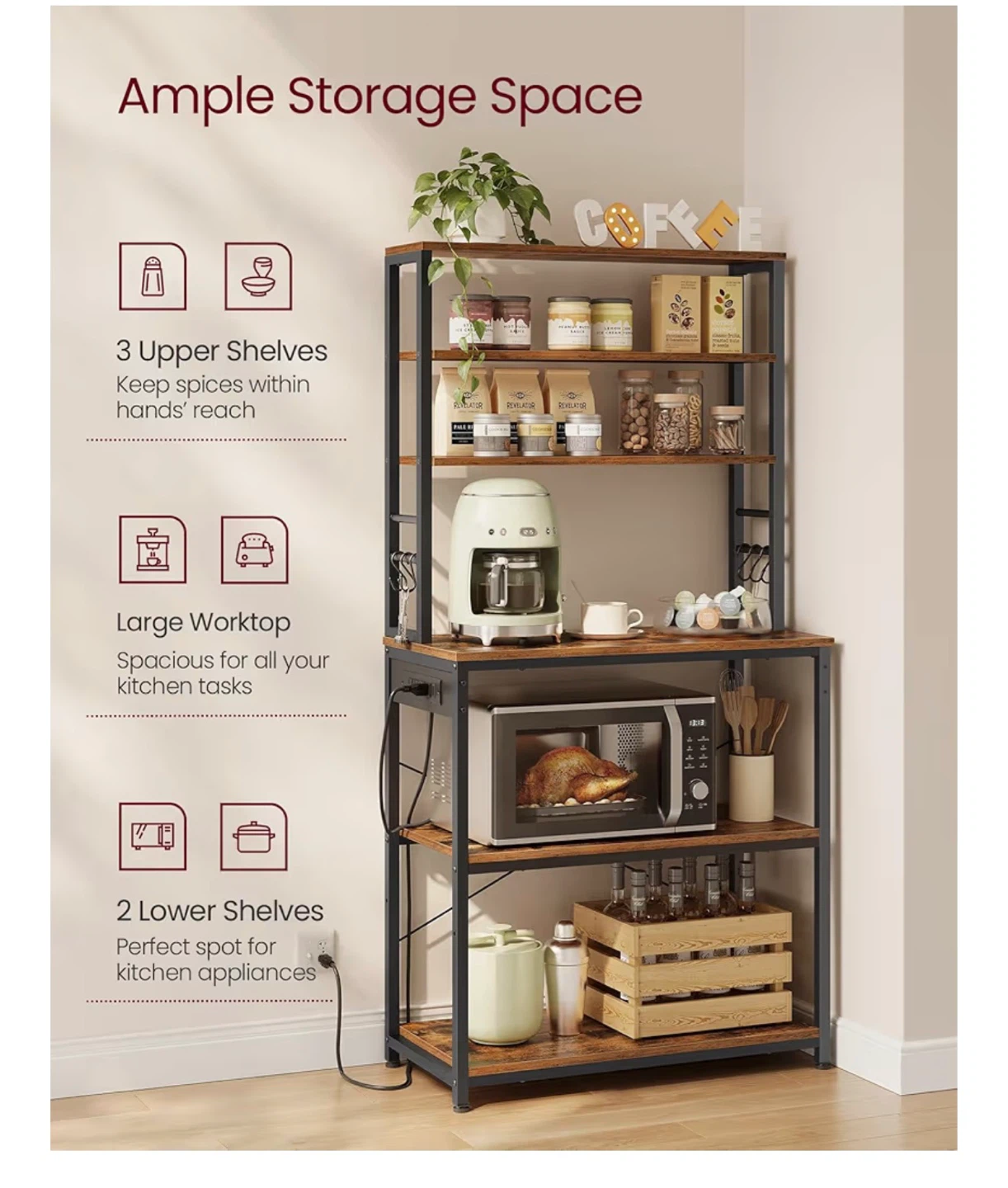 Rustic Wood and Metal Kitchen Baker's Rack - photo 3