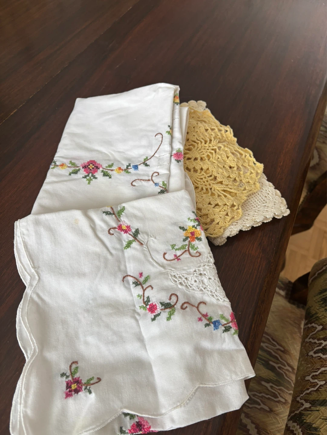 embroidered tablecloth with crochet trim