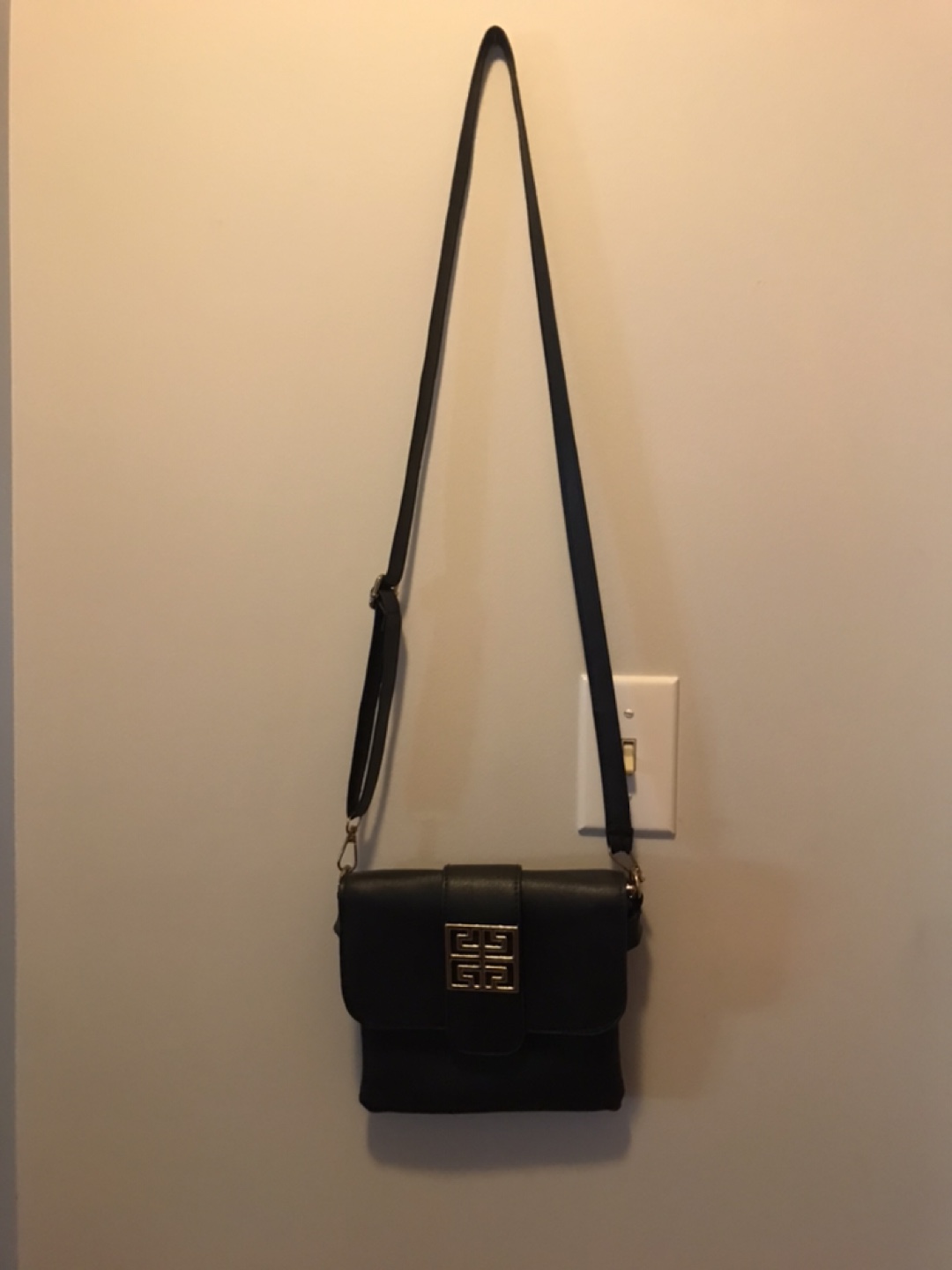 Black Faux Leather Crossbody Bag with Gold Clasp