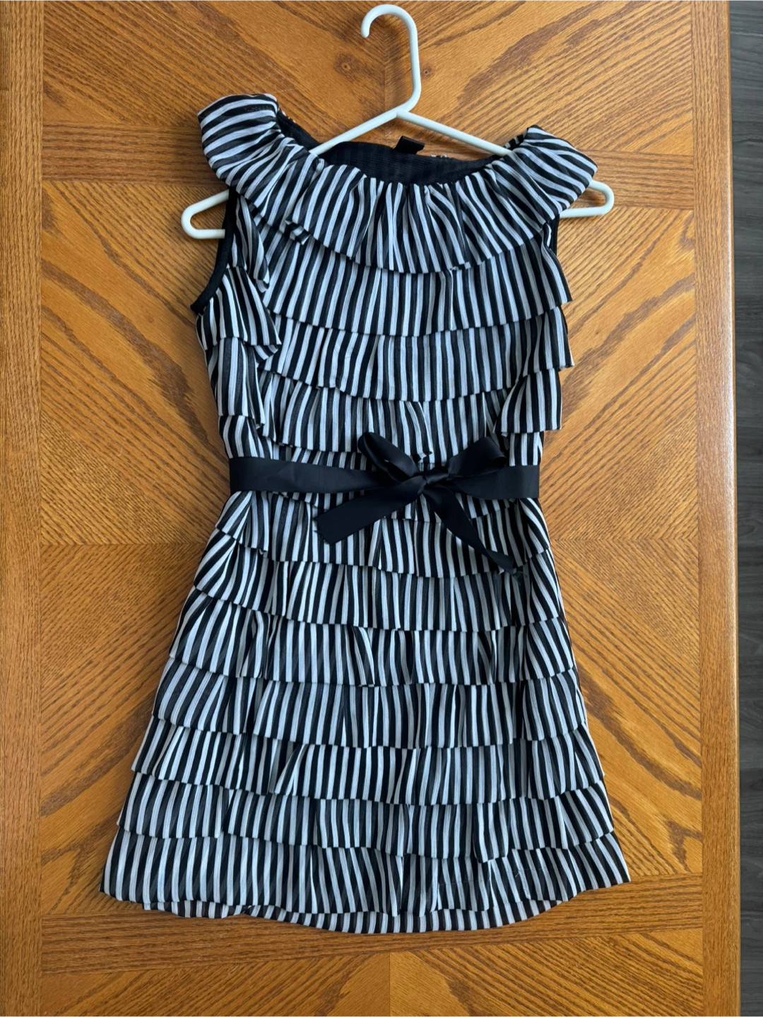 Black and White Striped Ruffle Chiffon Party Dress