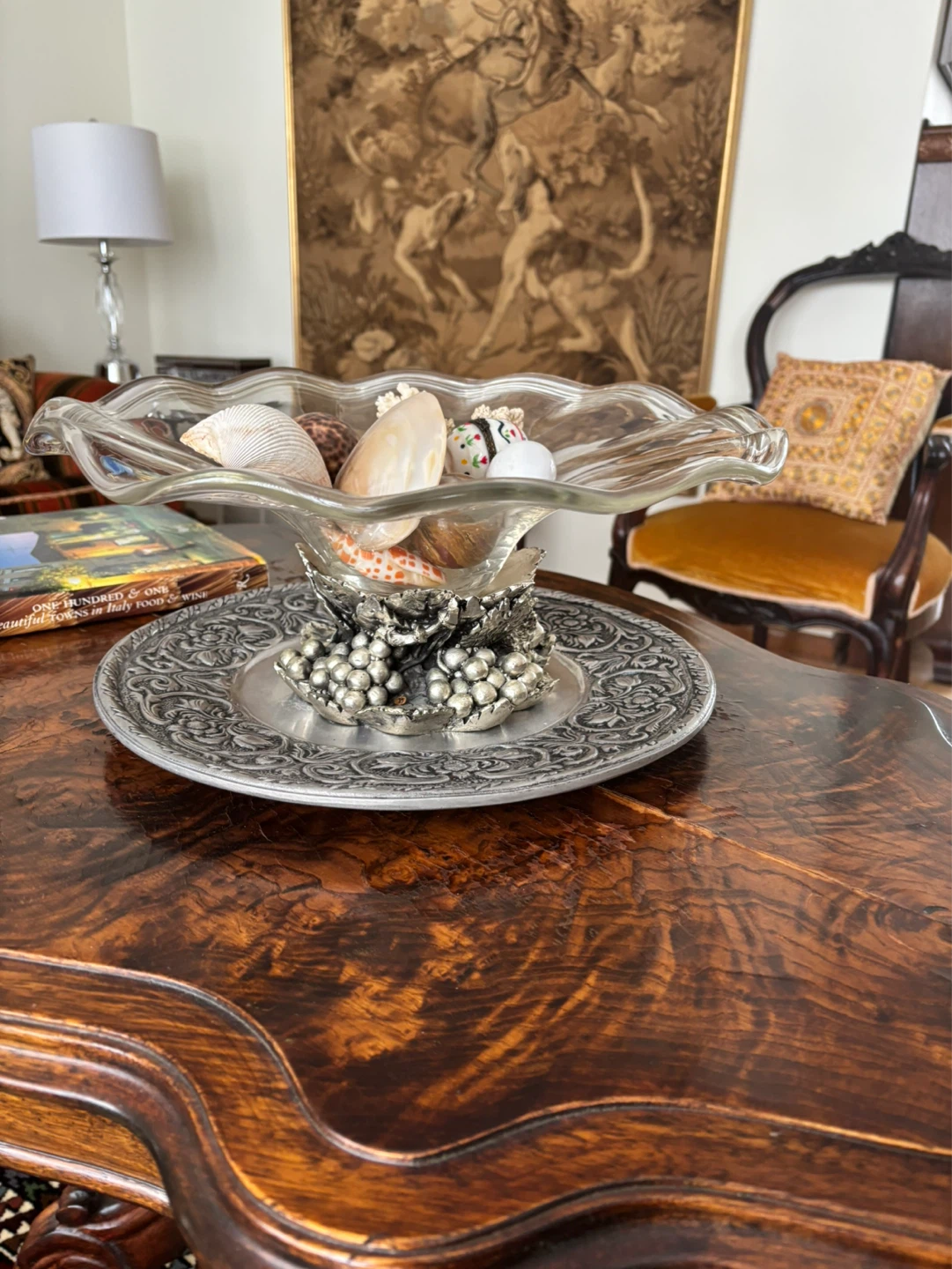 Decorative Glass Bowl with Silver Grape Base