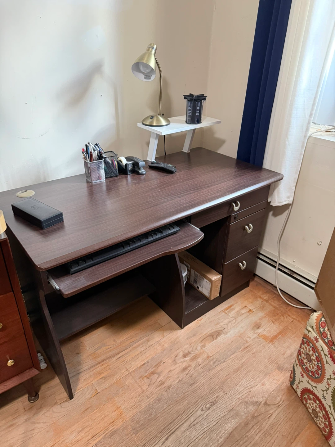 Brown Wood Desk with Keyboard Tray and Drawers