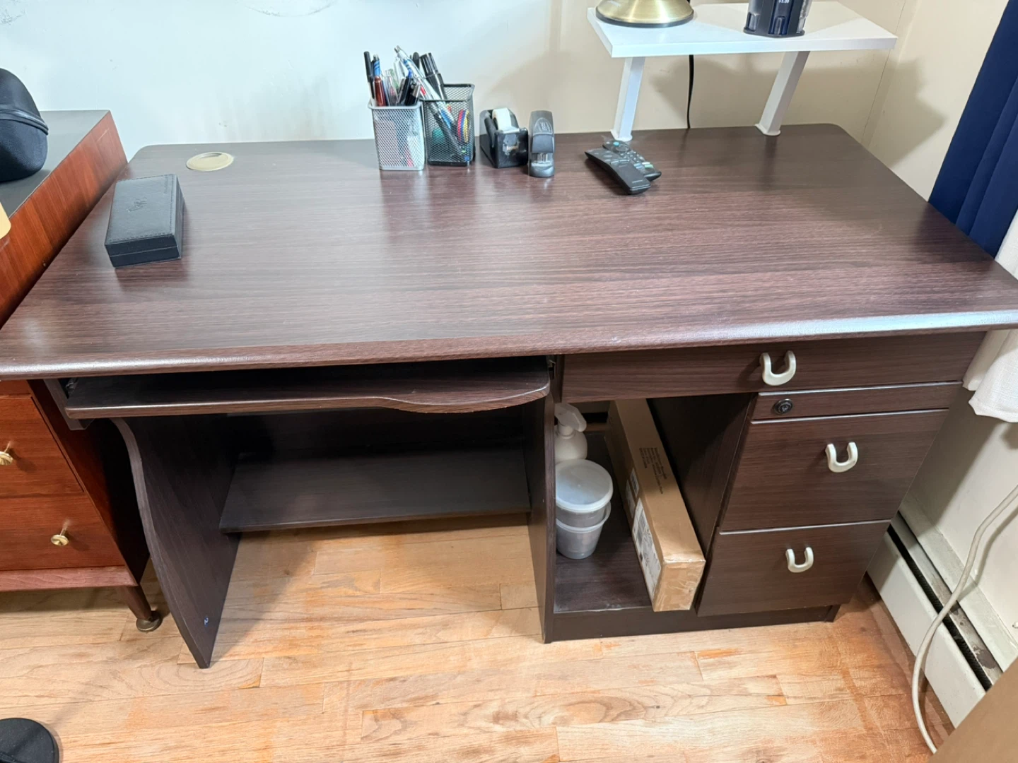 Brown Wood Desk with Keyboard Tray and Drawers - photo 2