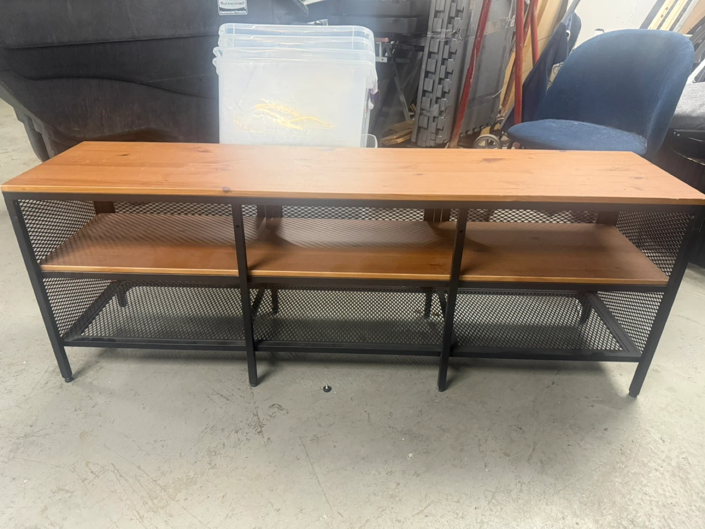 Industrial Style TV Stand with Wood Top and Shelves