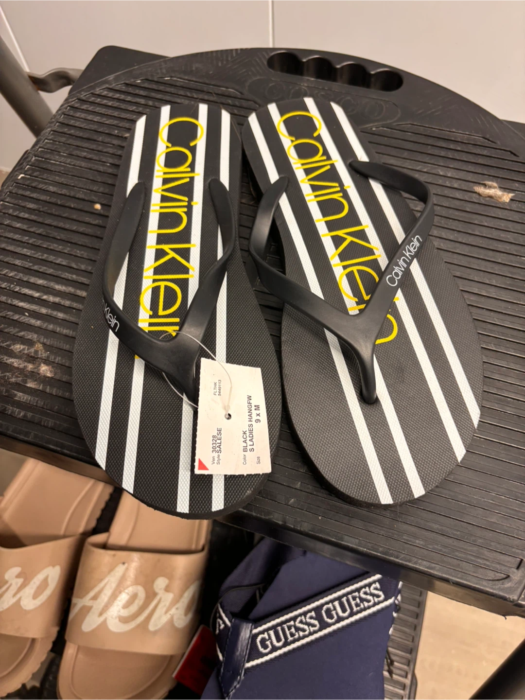 Calvin Klein Flip Flops - Black/White Stripes - Women's Size 9