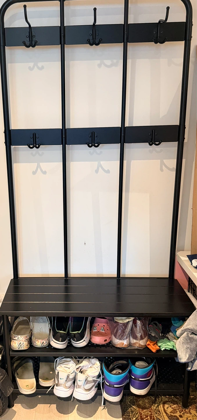 IKEA Black shoe rack with coat hanging hooks