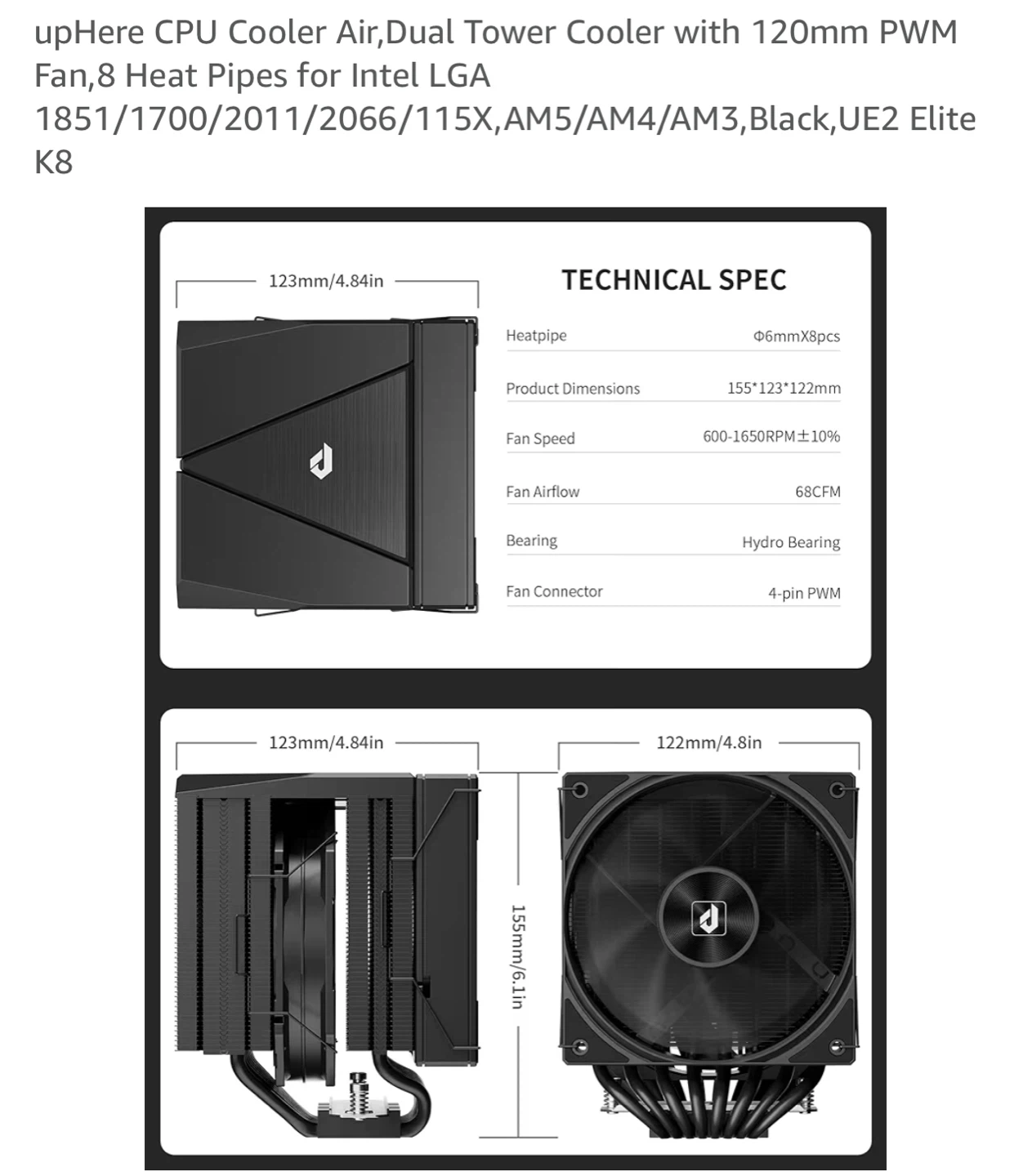 upHere Dual Tower CPU Cooler - Black - photo 2
