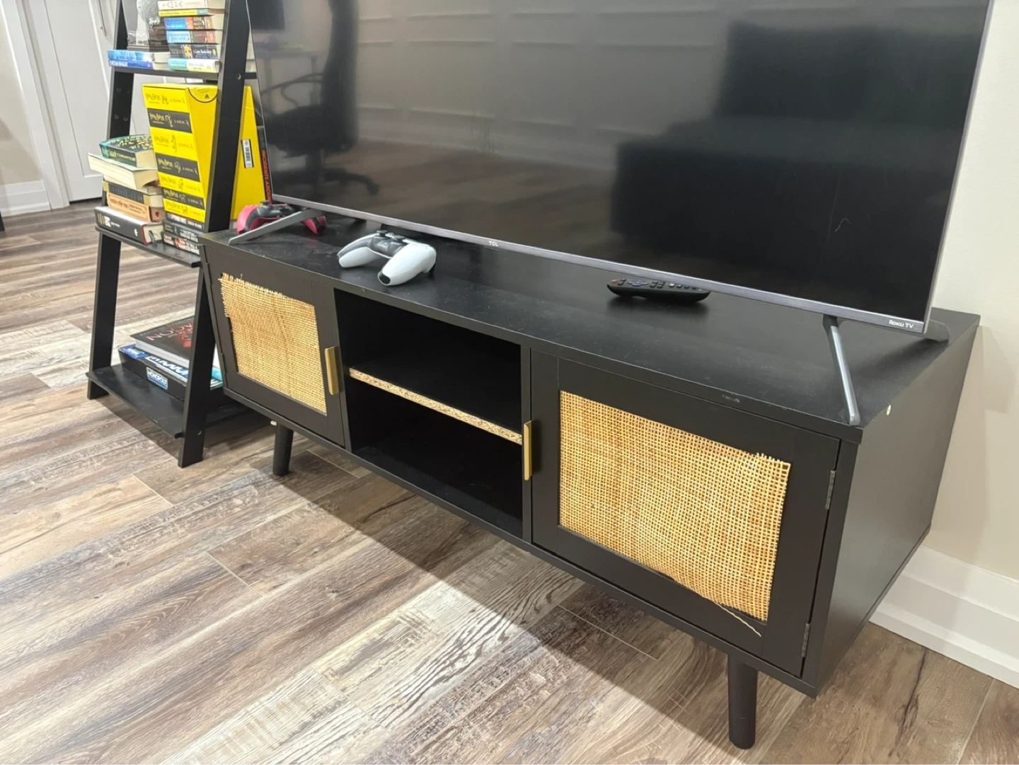 Black Media Console with Cane Doors