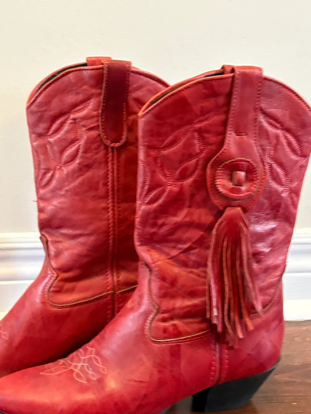Red Leather Cowboy Boots with Tassels - photo 3