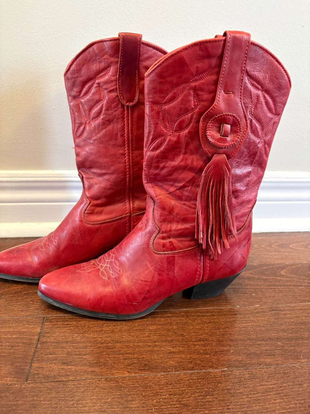 Red Leather Cowboy Boots with Tassels