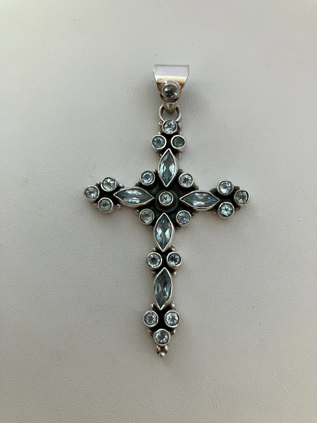 Sterling Silver Cross Pendant with Aqua Marin Blue Gemstones