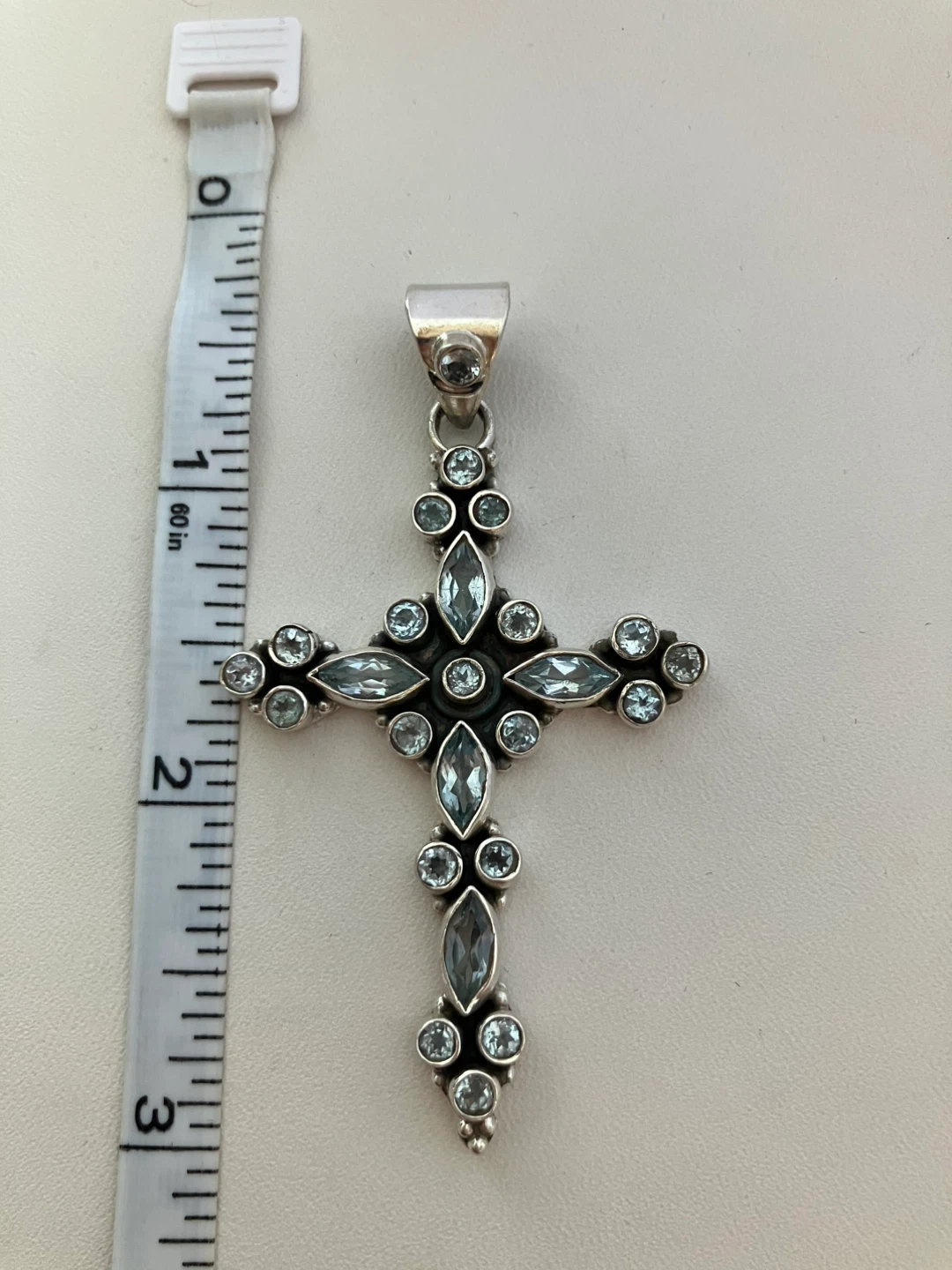 Sterling Silver Cross Pendant with Aqua Marin Blue Gemstones - photo 2