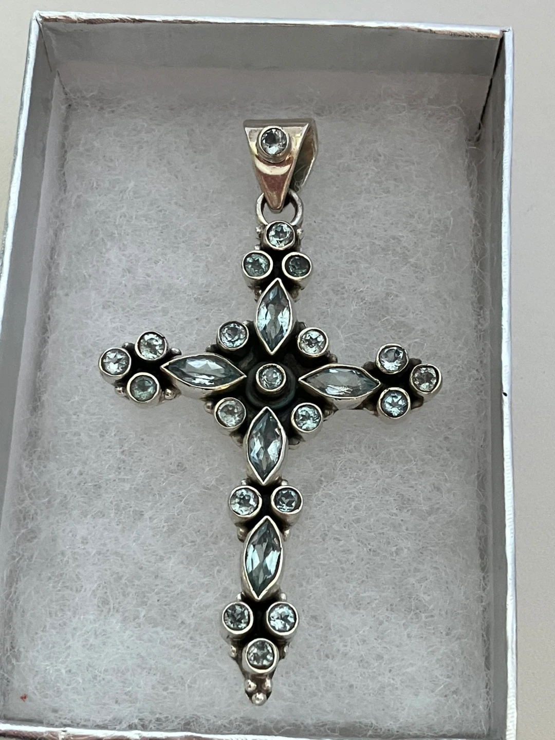 Sterling Silver Cross Pendant with Aqua Marin Blue Gemstones - photo 5