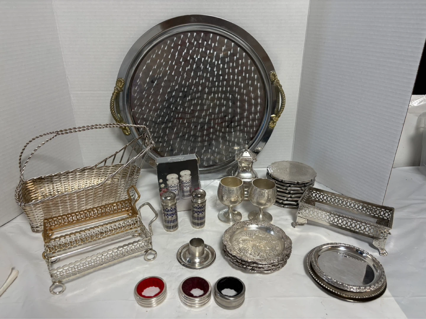 Sheffield England Silver Plate Coaster Set and Barware