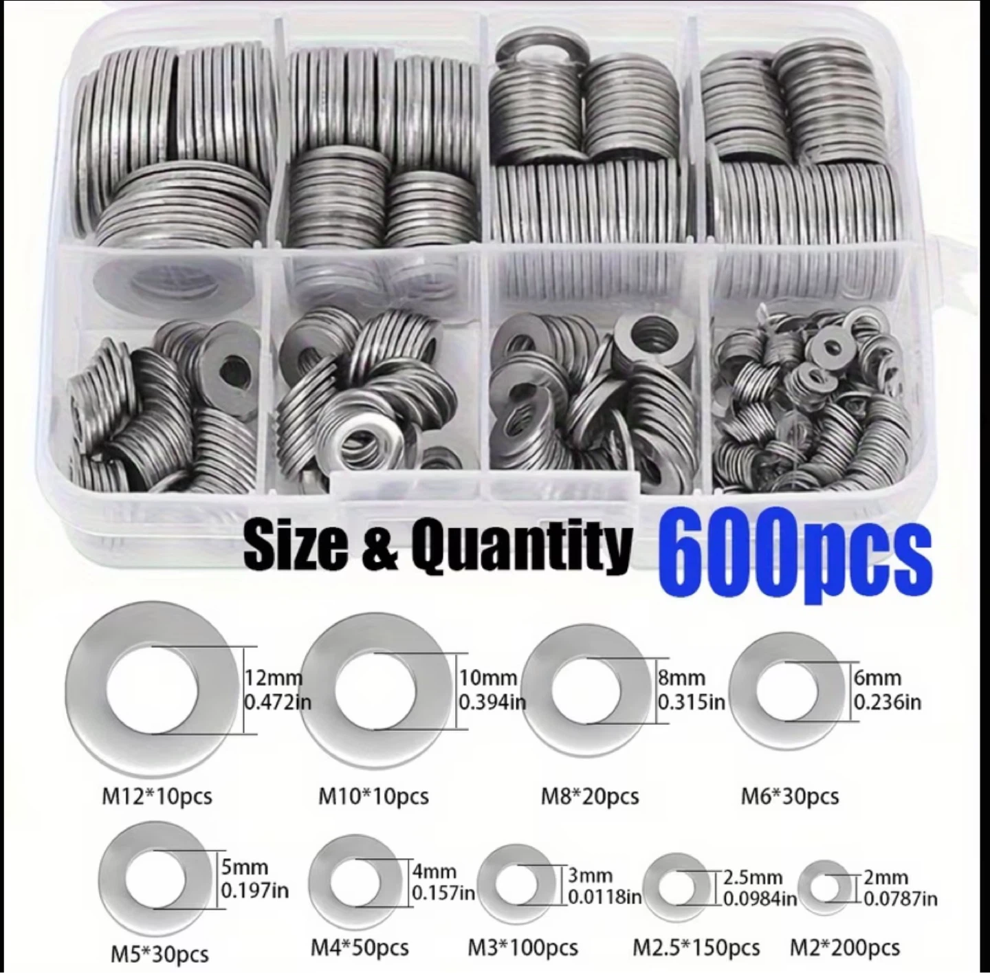 600pcs Stainless Steel Flat Washer Assortment Kit - photo 2