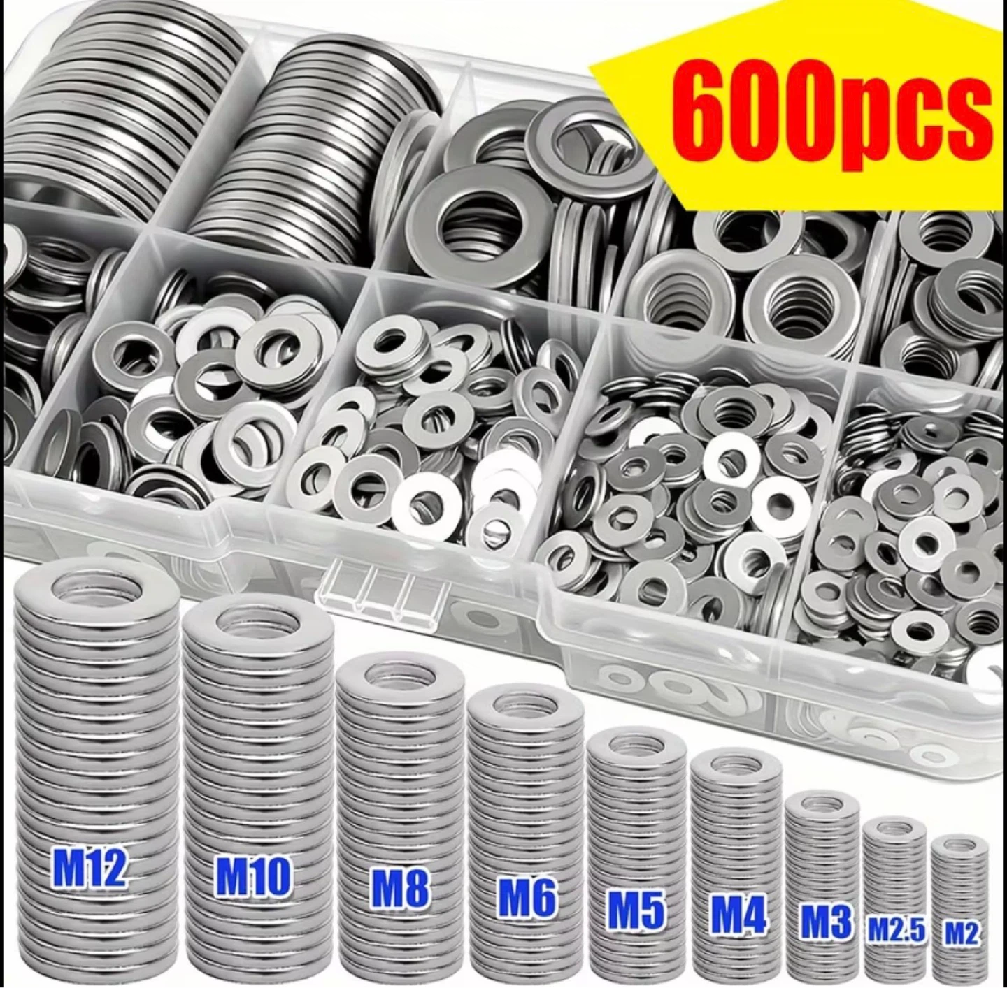 600pcs Stainless Steel Flat Washer Assortment Kit