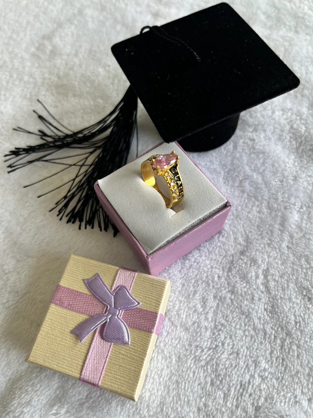 Graduation Ring with Pink Stone and Cap