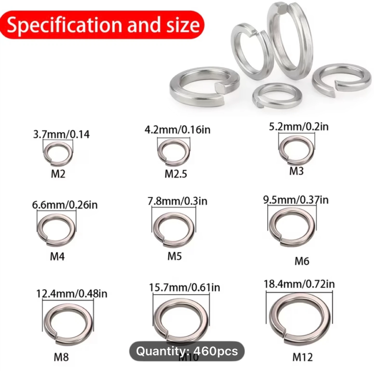 460pcs Stainless Steel Lock Washer Assortment Kit - photo 2