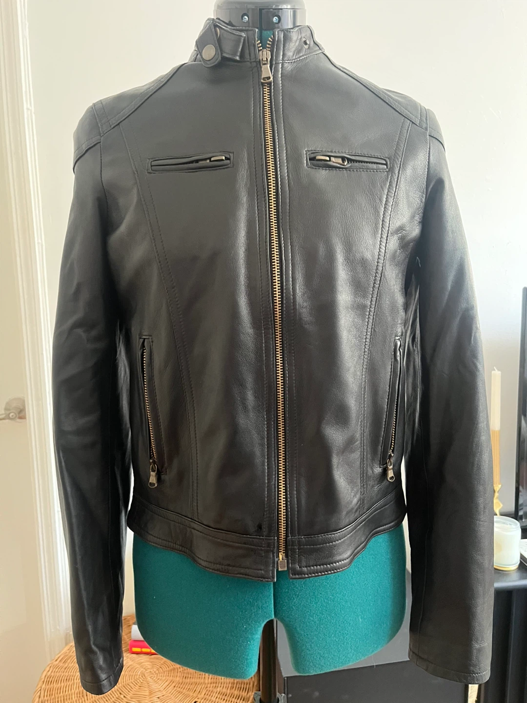 Italian Leather Moto Jacket with Gold Hardware