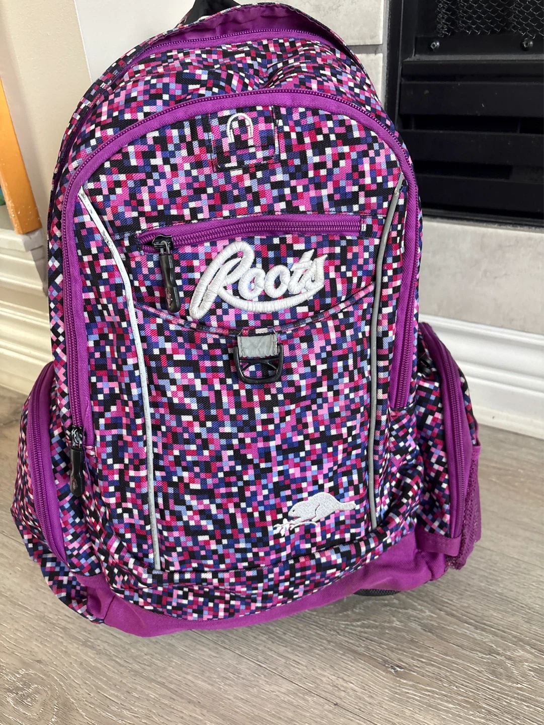 Roots Backpack - Pink, Purple, Black Pixelated Design