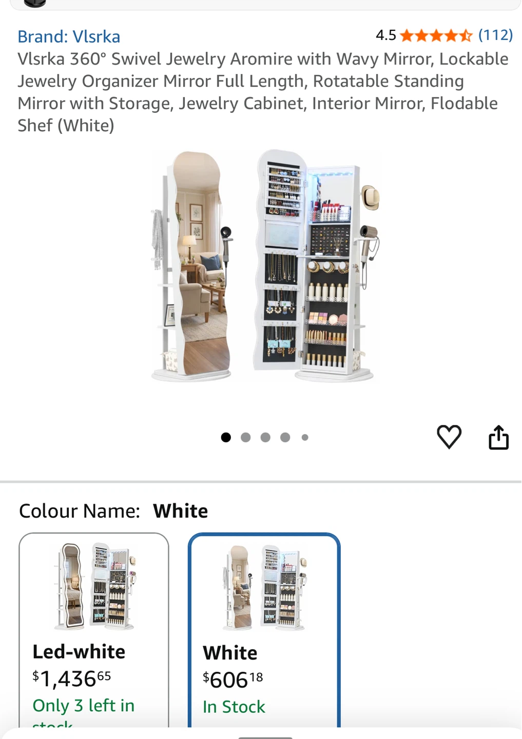 Vlsrka Swivel Jewelry Organizer Armoire with Wavy Mirror - White