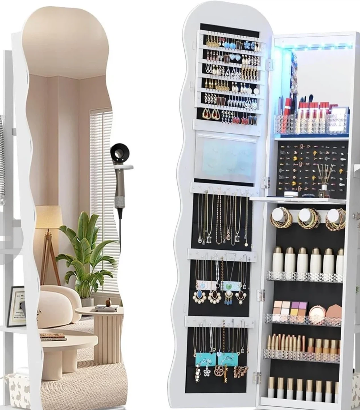 Vlsrka Swivel Jewelry Organizer Armoire with Wavy Mirror - White - photo 2