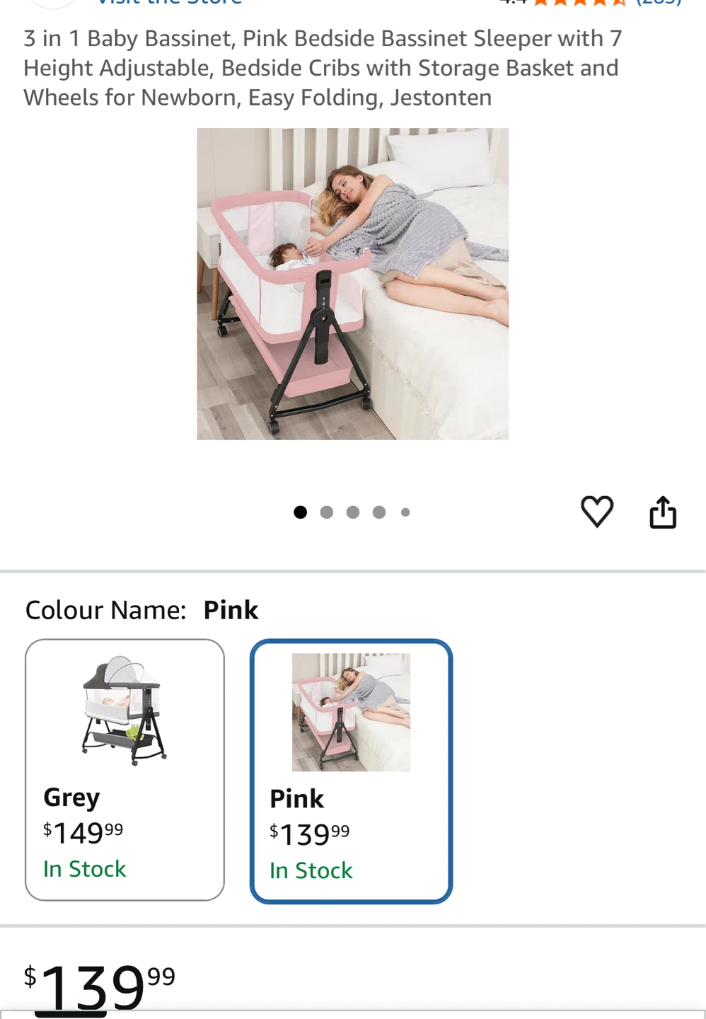 JESTONTEN 3-in-1 Pink Baby Bassinet Bedside Sleeper
