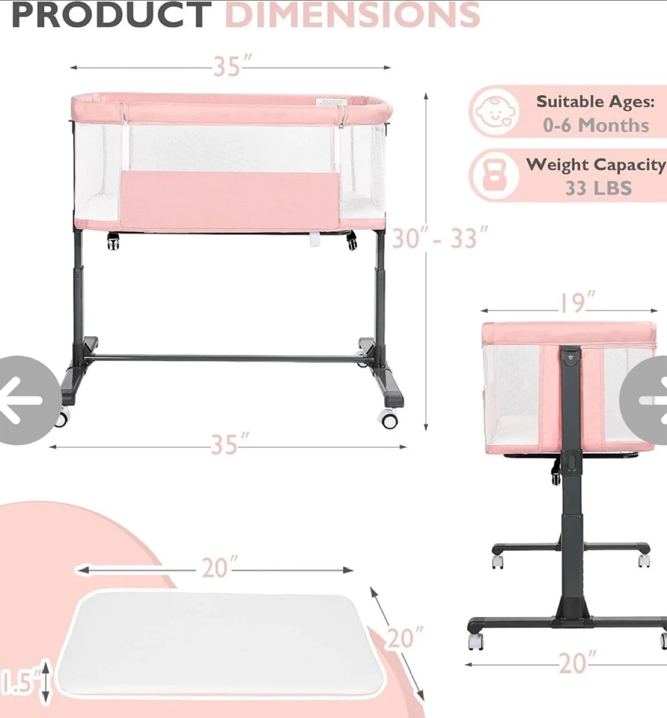 JESTONTEN 3-in-1 Pink Baby Bassinet Bedside Sleeper - photo 2