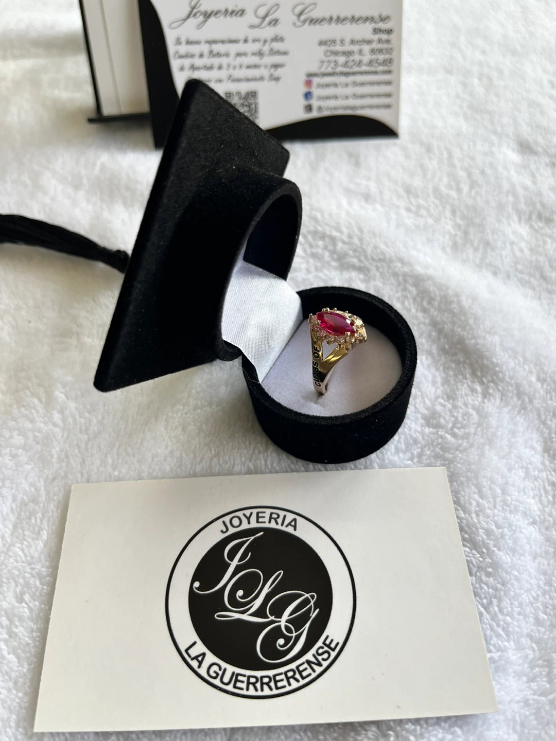 14k Gold Tone Ring with Red Stone and Rhinestones