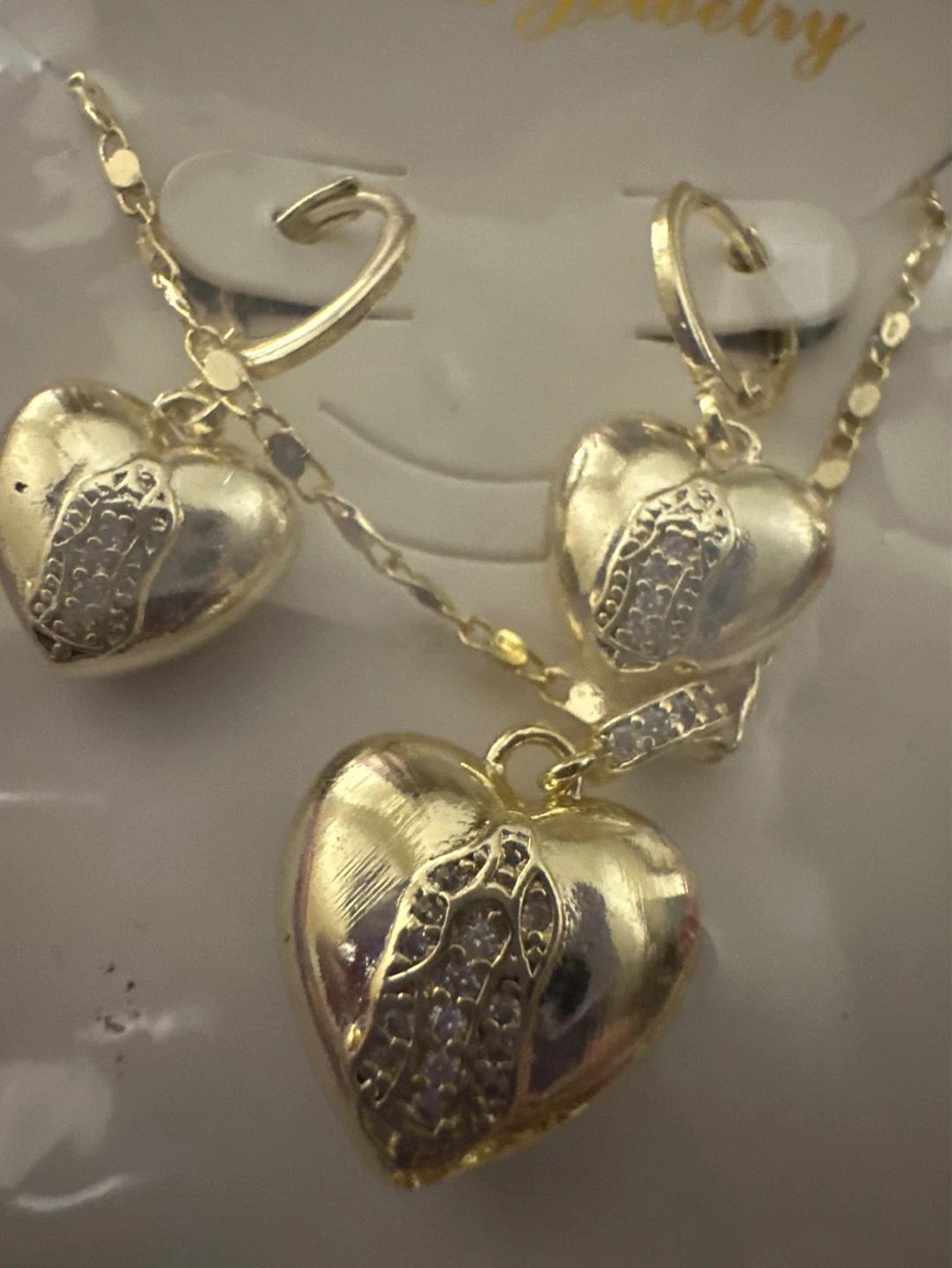 Gold laminated Heart Necklace and Earrings Set with Rhinestones