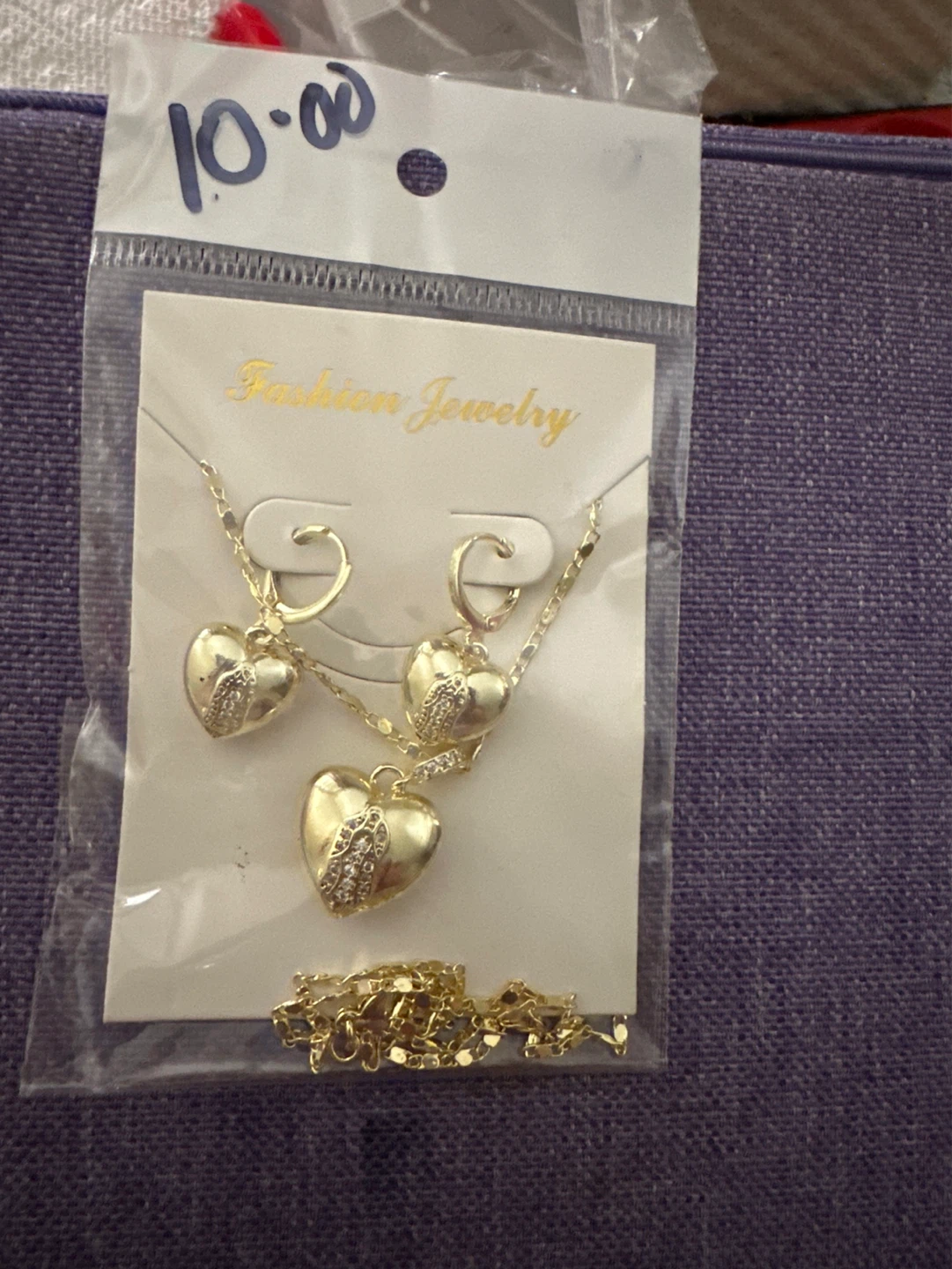 Gold laminated Heart Necklace and Earrings Set with Rhinestones - photo 2