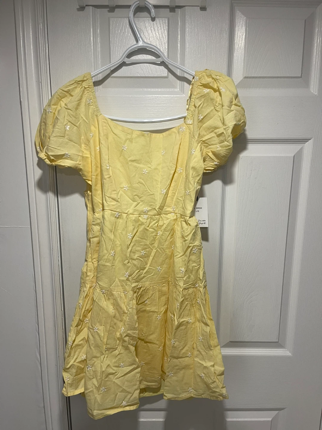 Yellow Puff Sleeve Mini Dress with Daisy Embroidery