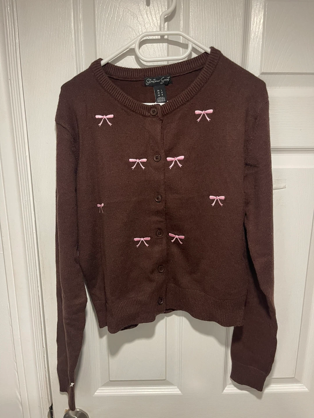 Brown Cardigan with Pink Bows