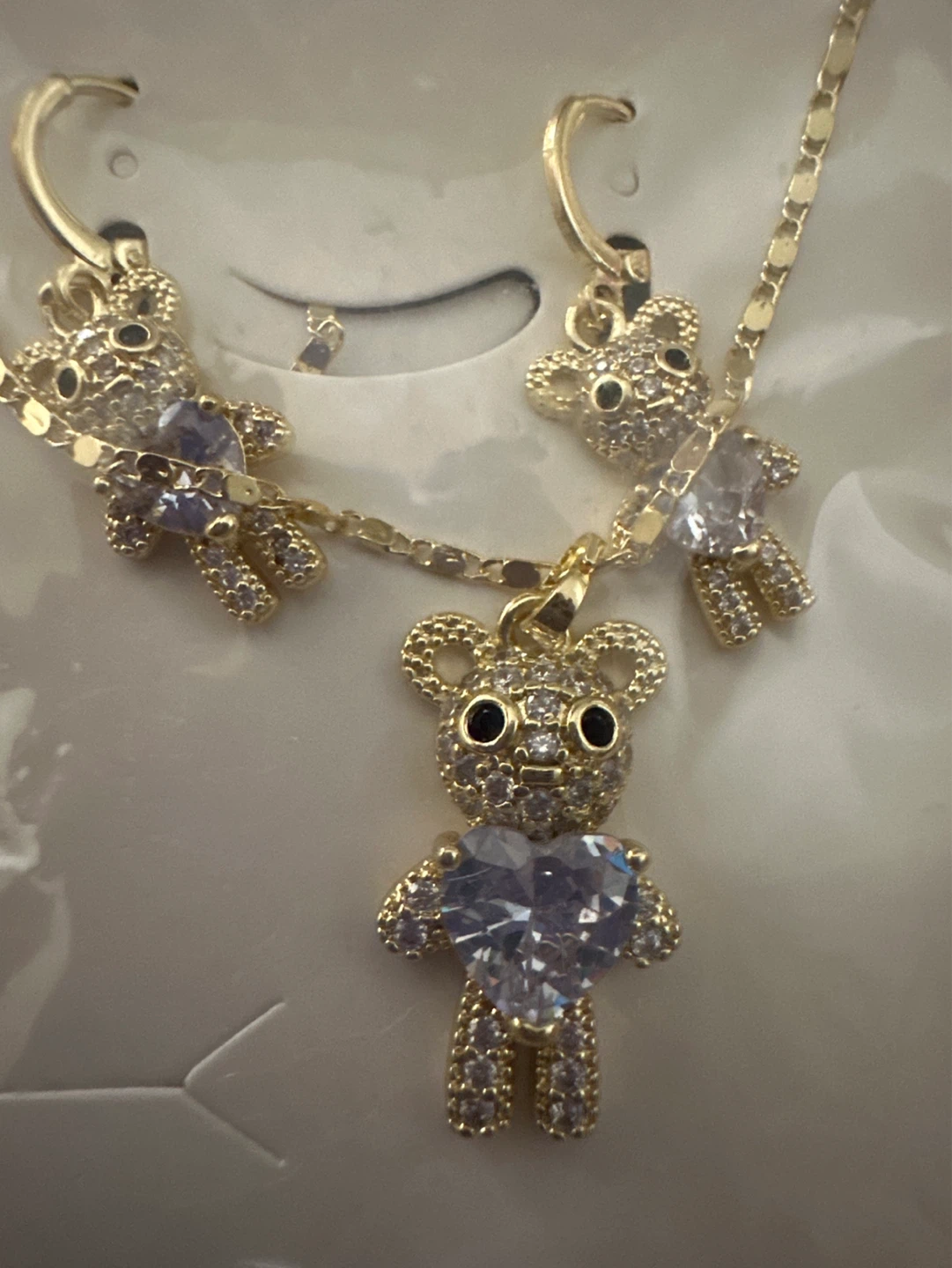Gold Teddy Bear Necklace and Earring Set with Rhinestones - photo 2