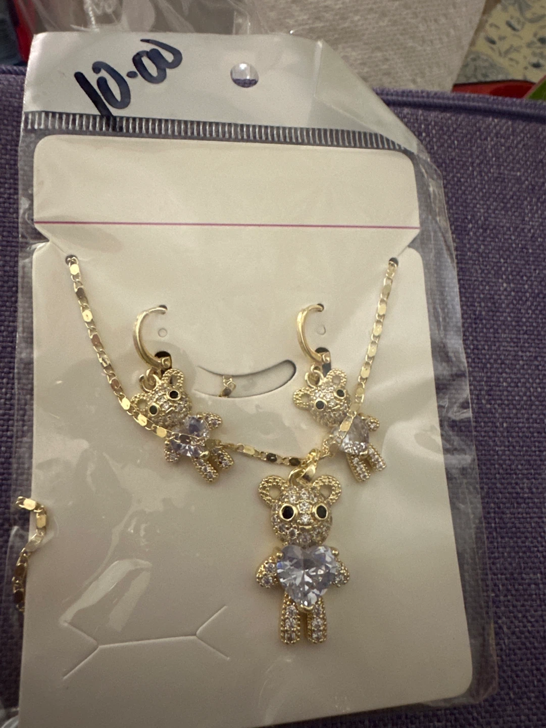 Gold Teddy Bear Necklace and Earring Set with Rhinestones
