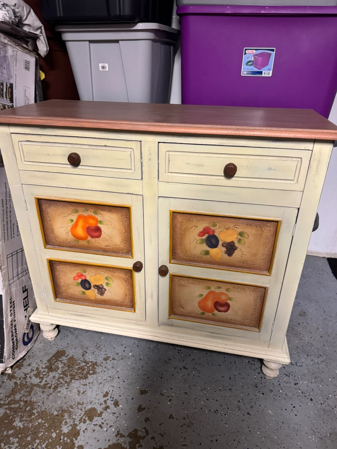 Cream and Fruit Painted Cabinet with Two Doors and Drawers