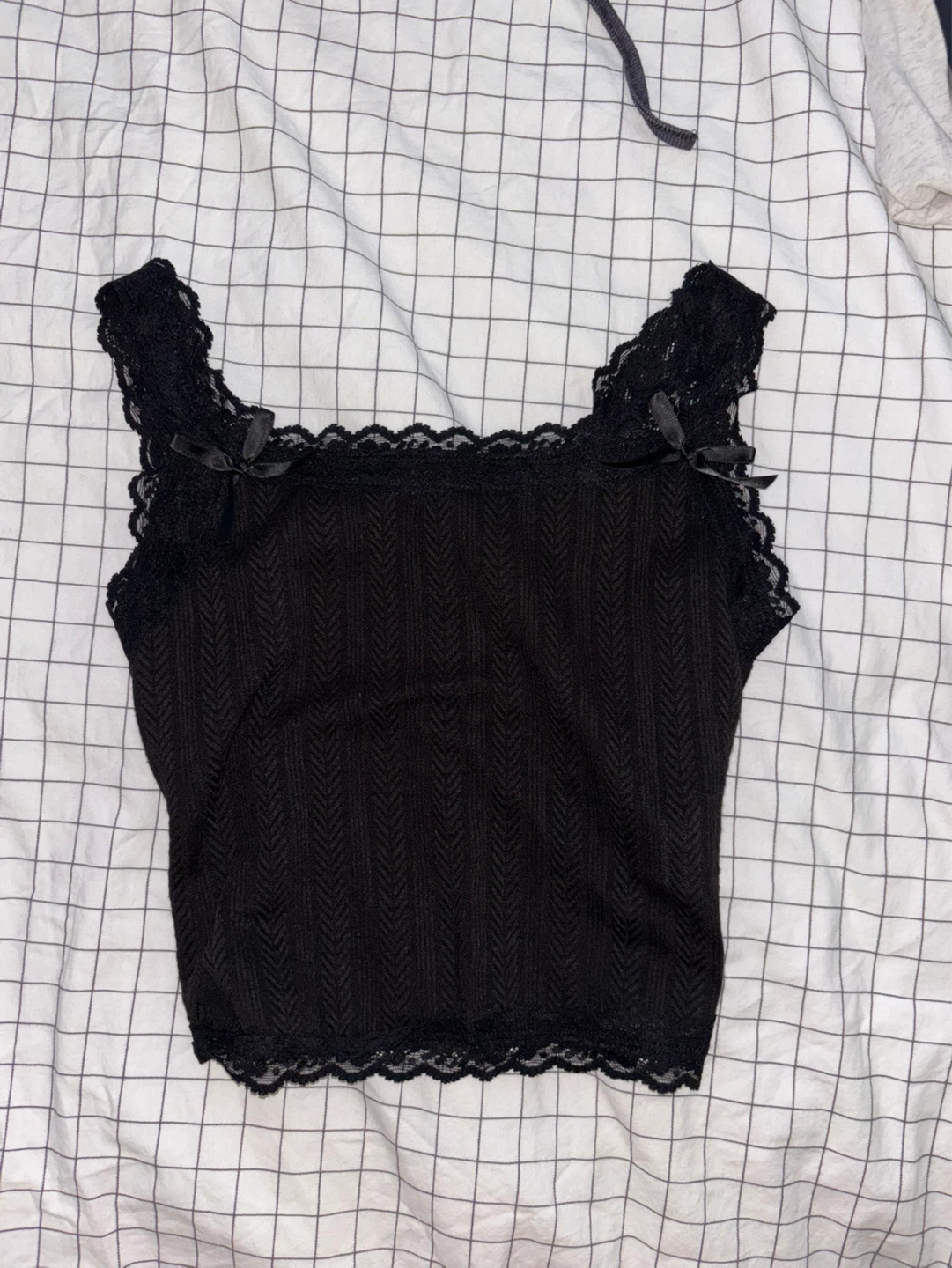 Ribbon Black Lace Trim Tank Top