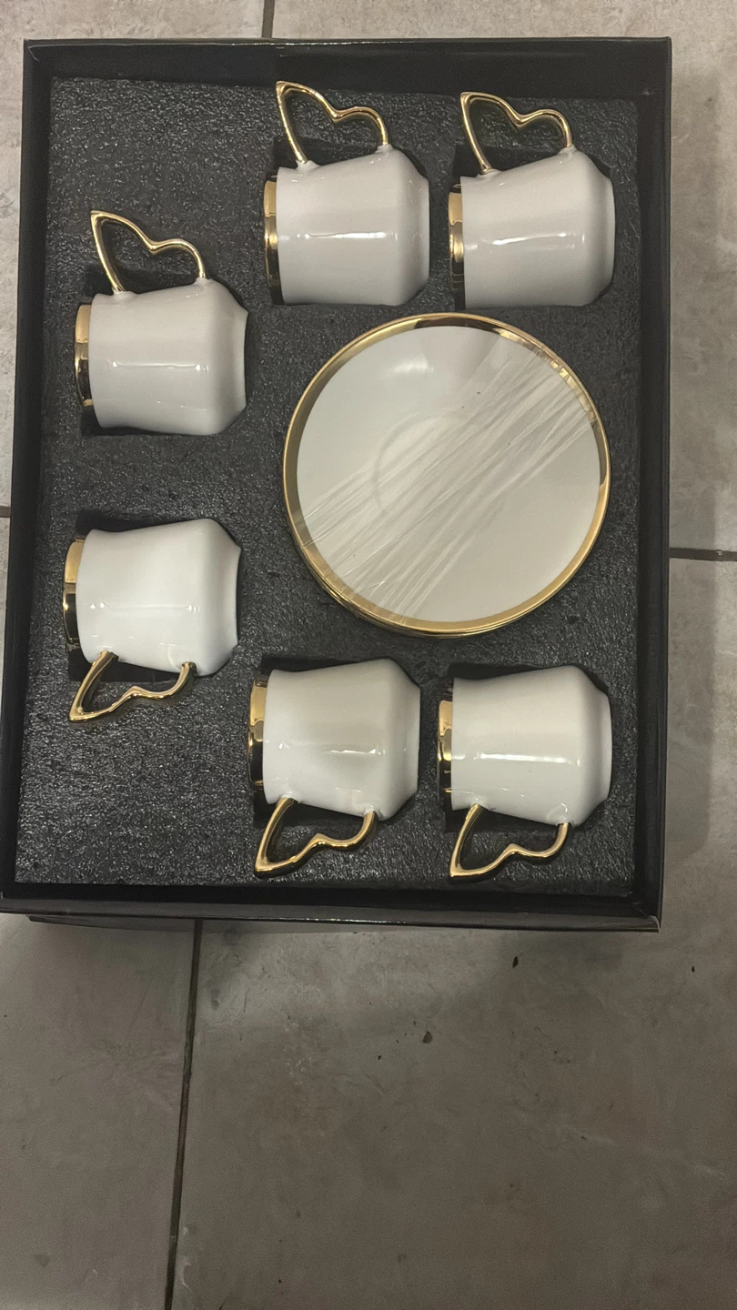 White Ceramic Espresso Cups with Gold Accents - Set of 6 - photo 2