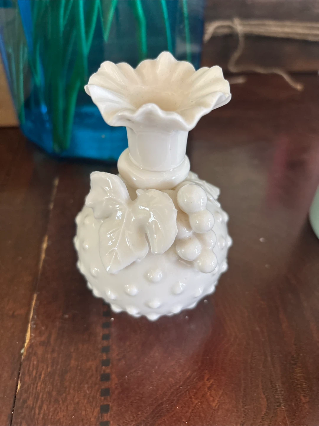 White Hobnail Grape Leaf Bud Vase
