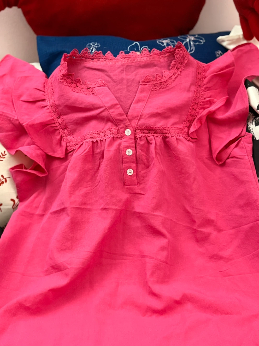 Pink Lace Trim V-Neck Blouse