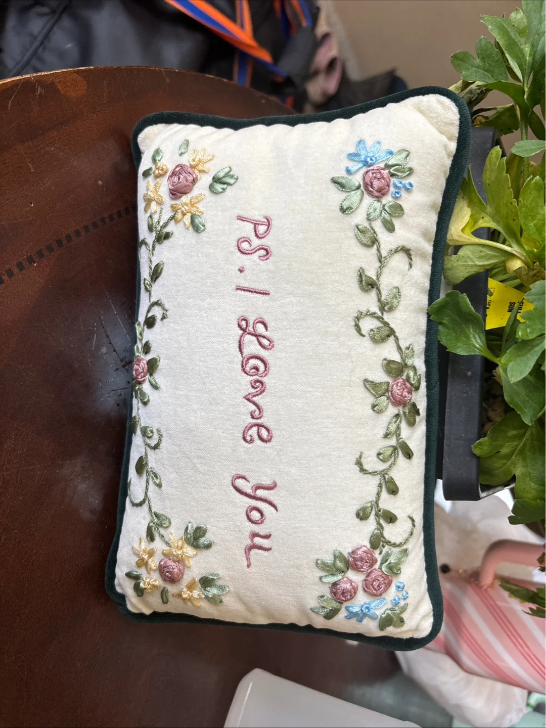 Embroidered "P.S. I Love You" Accent Pillow