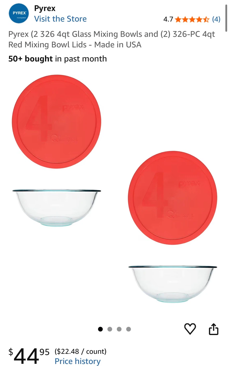 Two Pyrex 4qt Glass Mixing Bowl with Red Lid