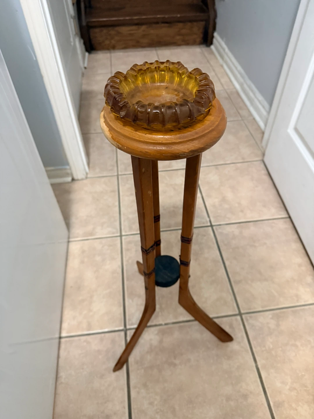 Vintage Glass Ashtray with Wooden Stand