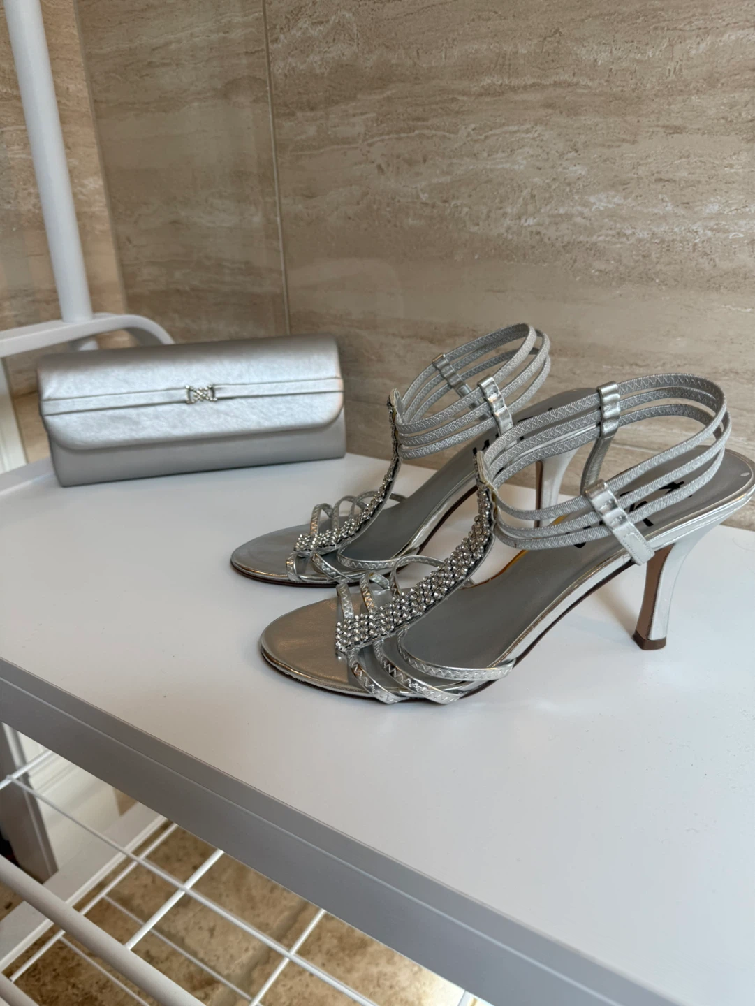 Silver Embellished Heeled Sandals with Matching Clutch - photo 2