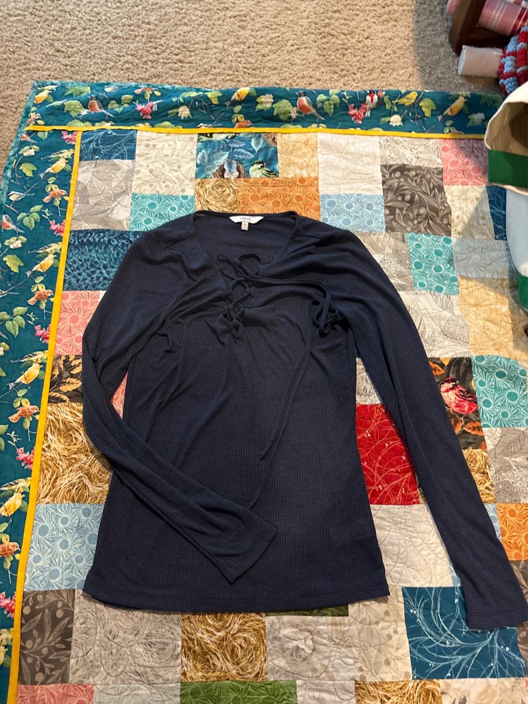 Next Navy Ribbed Lace-Up Long Sleeve Top - Size 8