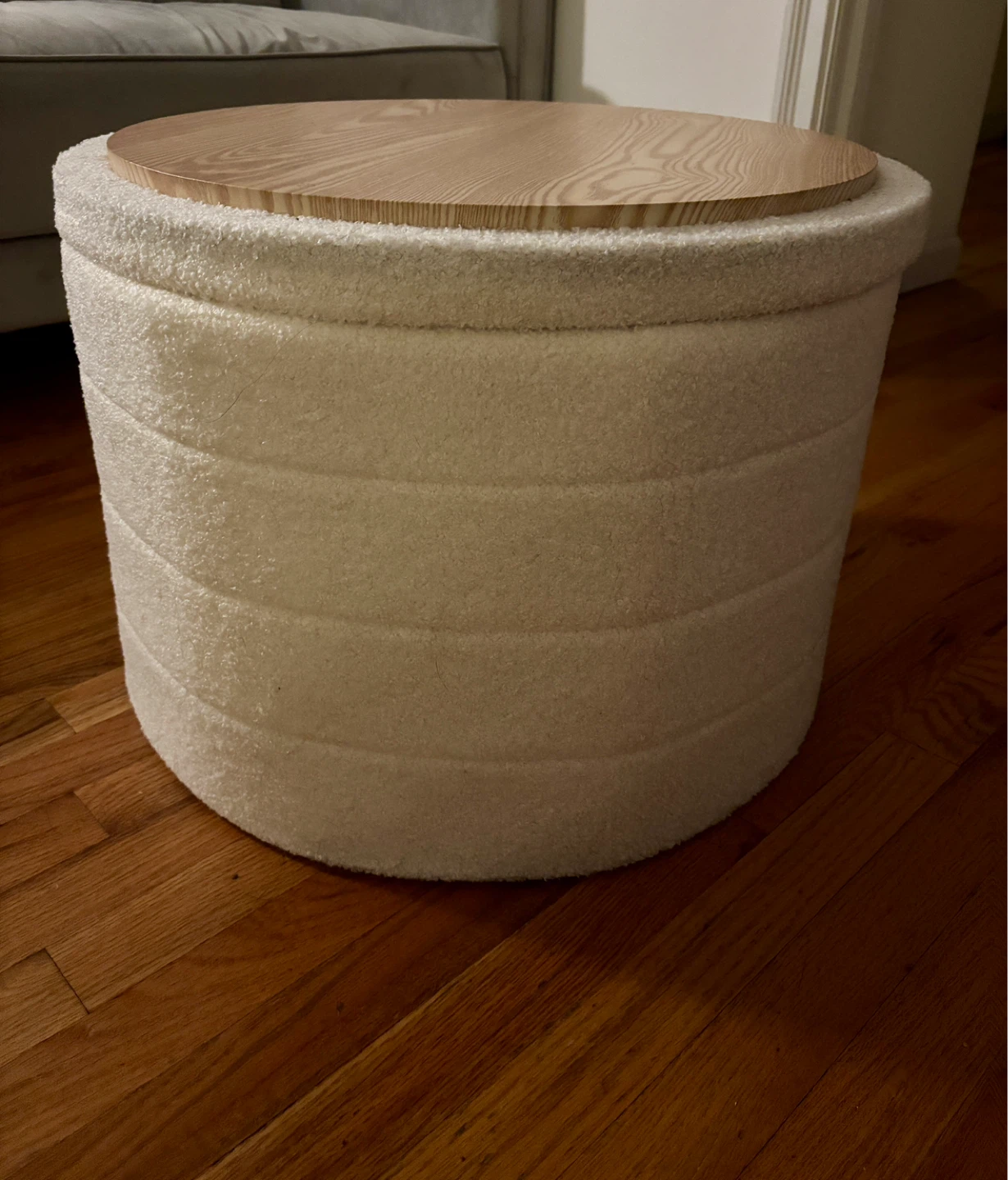 White Boucle Storage Ottoman with Wooden Lid